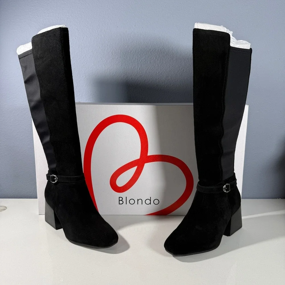 Blondo Twyla Black Suede Waterproof Tall Boots Block Heel‎ Womens 8M New